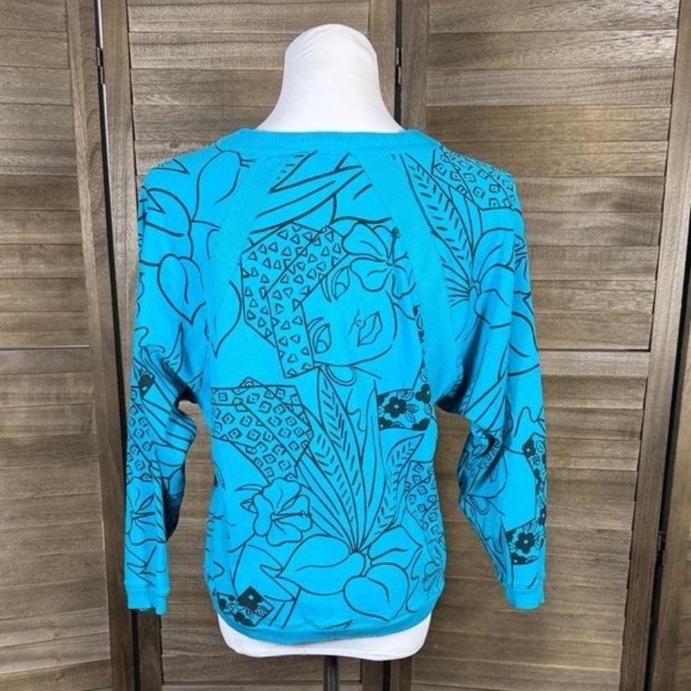 Jeanne Pierre Sweater Womens S Graphic Print Turquoise Blue Cotton Ribbed Trim - Picture 5 of 9